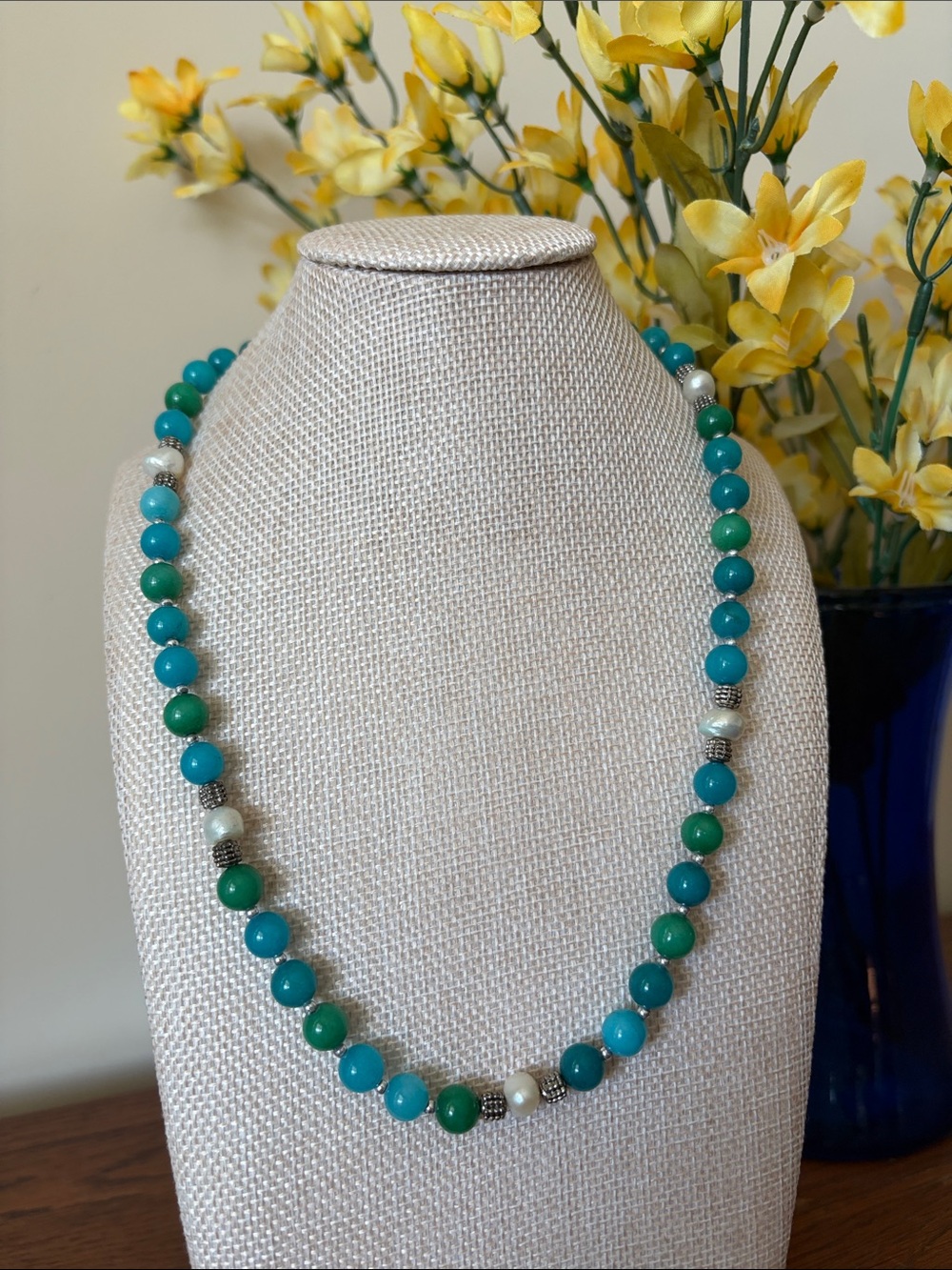 Green & Blue Glass/Freshwater Pearl Necklace